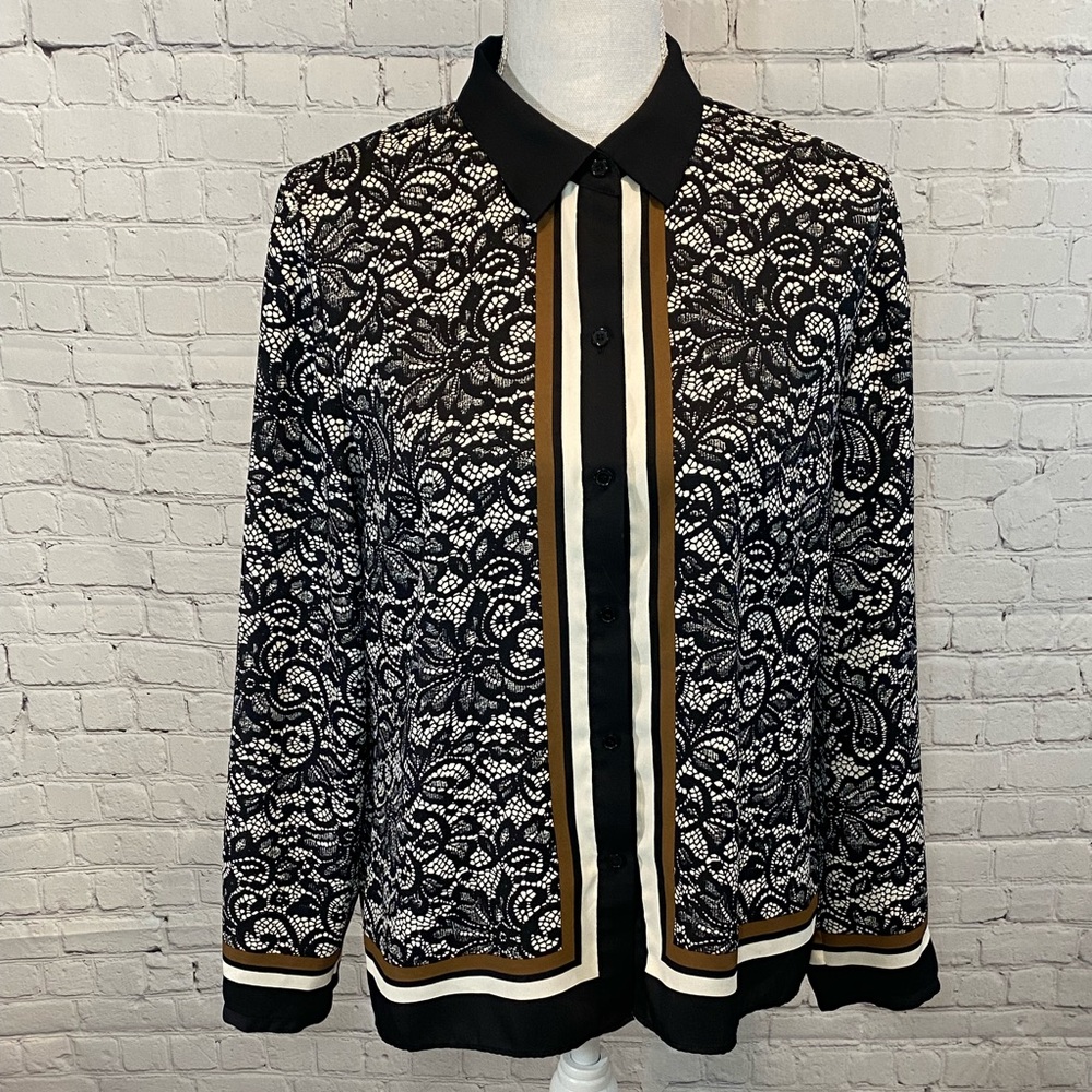 TALBOTS Blouse Long Sleeve Button Down Lace Print Black/White-12P